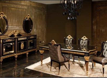 Black Classic Dining room set Dining table 4x Chairs Display case 7 pieces